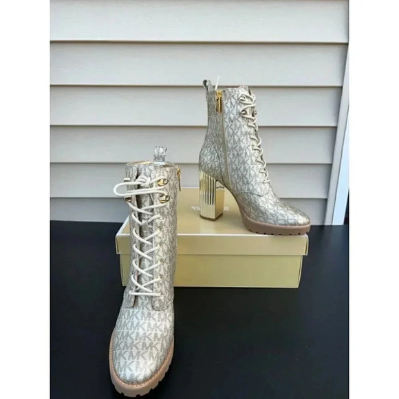 Michael Kors Porter Lace Up Boot Designer MK Signature Pale Gold - Picture 2 of 12